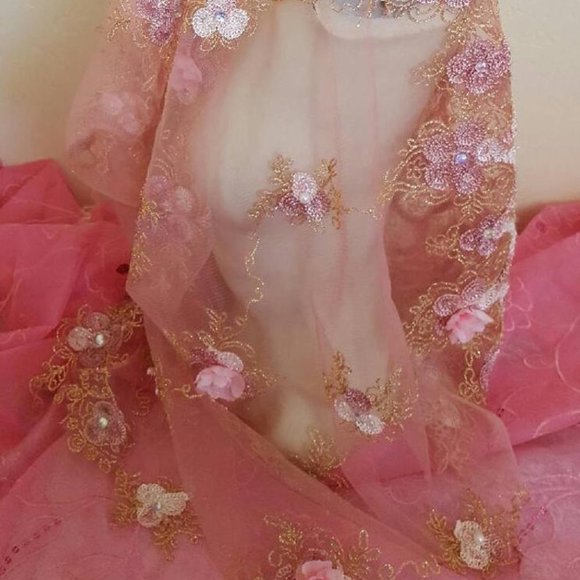 Blush Pink & Gold Embroidered Bridal Veil